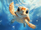 Poster (gerahmt) | Flossen voraus! - Niedliche Baby-Schildkröte im türkisblauen Meer (quer)