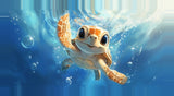 Leinwand - Stärke 4cm | Flossen voraus! - Niedliche Baby-Schildkröte im türkisblauen Meer (quer)