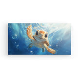 Leinwand - Stärke 2cm | Flossen voraus! - Niedliche Baby-Schildkröte im türkisblauen Meer (quer)