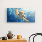 Leinwand - Stärke 4cm | Flossen voraus! - Niedliche Baby-Schildkröte im türkisblauen Meer (quer)