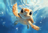 Leinwand (gerahmt) | Flossen voraus! - Niedliche Baby-Schildkröte im türkisblauen Meer (quer)