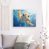 Leinwand - Stärke 4cm | Flossen voraus! - Niedliche Baby-Schildkröte im türkisblauen Meer (quer)