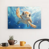 Photoboard / Hartschaum | Flossen voraus! - Niedliche Baby-Schildkröte im türkisblauen Meer (quer)
