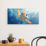Photoboard / Hartschaum | Flossen voraus! - Niedliche Baby-Schildkröte im türkisblauen Meer (quer)