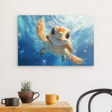 Alu Dibond (matt) | Flossen voraus! - Niedliche Baby-Schildkröte im türkisblauen Meer (quer)