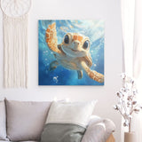 Alu Dibond (matt) | Flossen voraus! - Niedliche Baby-Schildkröte im türkisblauen Meer (quer)