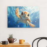 Acrylglas | Flossen voraus! - Niedliche Baby-Schildkröte im türkisblauen Meer (quer)