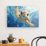 Acrylglas auf Alu-Dibond | Flossen voraus! - Niedliche Baby-Schildkröte im türkisblauen Meer (quer)