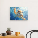 Acrylglas auf Alu-Dibond | Flossen voraus! - Niedliche Baby-Schildkröte im türkisblauen Meer (quer)