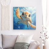 Acrylglas auf Alu-Dibond | Flossen voraus! - Niedliche Baby-Schildkröte im türkisblauen Meer (quer)