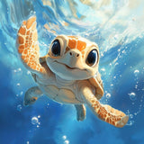 Rundes Wandbild | Flossen voraus! - Niedliche Baby-Schildkröte im türkisblauen Meer