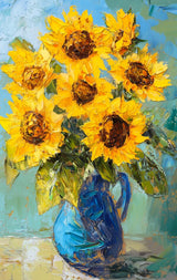 Poster (gerahmt) | Sommerblüten in Gelb - Ausdrucksstarke Sonnenblumen in Keramikvase