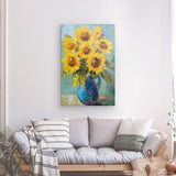 Leinwand - Stärke 2cm | Sommerblüten in Gelb - Ausdrucksstarke Sonnenblumen in Keramikvase