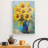 Leinwand - Stärke 2cm | Sommerblüten in Gelb - Ausdrucksstarke Sonnenblumen in Keramikvase