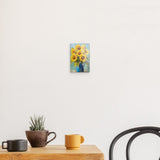 Acrylglas auf Alu-Dibond | Sommerblüten in Gelb - Ausdrucksstarke Sonnenblumen in Keramikvase