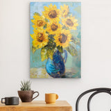 Acrylglas auf Alu-Dibond | Sommerblüten in Gelb - Ausdrucksstarke Sonnenblumen in Keramikvase