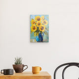 Acrylglas auf Alu-Dibond | Sommerblüten in Gelb - Ausdrucksstarke Sonnenblumen in Keramikvase
