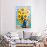 Acrylglas auf Alu-Dibond | Sommerblüten in Gelb - Ausdrucksstarke Sonnenblumen in Keramikvase