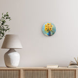Rundes Wandbild | Sommerblüten in Gelb - Ausdrucksstarke Sonnenblumen in Keramikvase