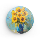 Rundes Wandbild | Sommerblüten in Gelb - Ausdrucksstarke Sonnenblumen in Keramikvase
