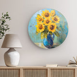 Rundes Wandbild | Sommerblüten in Gelb - Ausdrucksstarke Sonnenblumen in Keramikvase