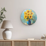 Rundes Wandbild | Sommerblüten in Gelb - Ausdrucksstarke Sonnenblumen in Keramikvase