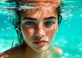 Poster ab 15 EUR | Schweben im Licht - Porträt einer jungen Frau im türkisblauen Meer