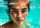 Poster ab 15 EUR | Schweben im Licht - Porträt einer jungen Frau im türkisblauen Meer