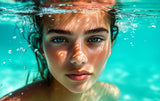 Poster (gerahmt) | Schweben im Licht - Porträt einer jungen Frau im türkisblauen Meer