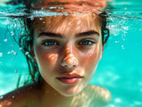 Alu Dibond (glänzend) | Schweben im Licht - Porträt einer jungen Frau im türkisblauen Meer