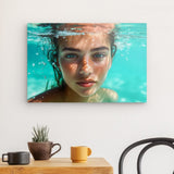 Acrylglas auf Alu-Dibond | Schweben im Licht - Porträt einer jungen Frau im türkisblauen Meer
