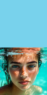 Plüschkissen (Himmelblau) | Schweben im Licht - Porträt einer jungen Frau im türkisblauen Meer