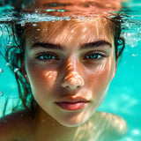 MIXPIX® (gerahmt) | Schweben im Licht - Porträt einer jungen Frau im türkisblauen Meer