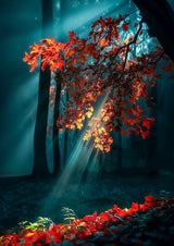 Poster ab 15 EUR | Goldene Sonnenstrahlen durch Herbstlaub (hoch)