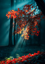 Poster ab 15 EUR | Goldene Sonnenstrahlen durch Herbstlaub (hoch)