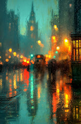 Poster (gerahmt) | Stadtlichter London im Regen mit Metallic Glow