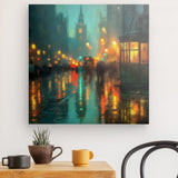 Leinwand - Stärke 4cm | Stadtlichter London im Regen mit Metallic Glow