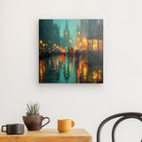 Leinwand - Stärke 4cm | Stadtlichter London im Regen mit Metallic Glow