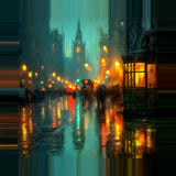 Leinwand (gerahmt) | Stadtlichter London im Regen mit Metallic Glow