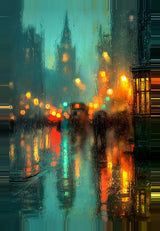 Leinwand (gerahmt) | Stadtlichter London im Regen mit Metallic Glow