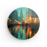 Rundes Wandbild | Stadtlichter London im Regen mit Metallic Glow