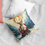 Plüschkissen (Weiss) | Bote der Freude - Rentier mit geschenkbeladenem Schlitten