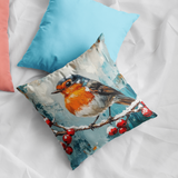 Plüschkissen (Himmelblau) | Malerisches Rotkehlchen auf verschneitem Zweig