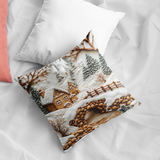 Plüschkissen (Weiss) | Süßer Winterfrieden - Lebkuchendorf mit Zuckerguss und Keksbrücke