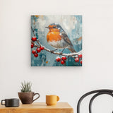 Leinwand - Stärke 2cm | Malerisches Rotkehlchen auf verschneitem Zweig