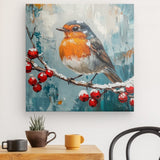 Leinwand - Stärke 2cm | Malerisches Rotkehlchen auf verschneitem Zweig