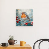 Photoboard / Hartschaum | Malerisches Rotkehlchen auf verschneitem Zweig