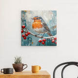 Photoboard / Hartschaum | Malerisches Rotkehlchen auf verschneitem Zweig