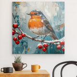 Photoboard / Hartschaum | Malerisches Rotkehlchen auf verschneitem Zweig