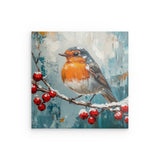 Alu Dibond (matt) | Malerisches Rotkehlchen auf verschneitem Zweig